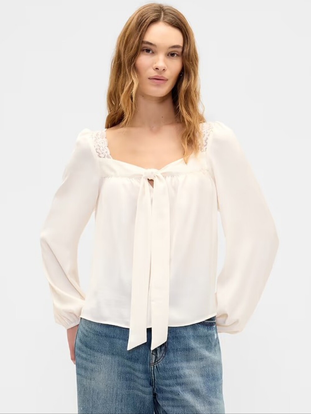 NWT - GAP Oversized Lace Trim Cream Long-Sleeve Tie-Front Blouse - Size XL - Picture 2 of 13
